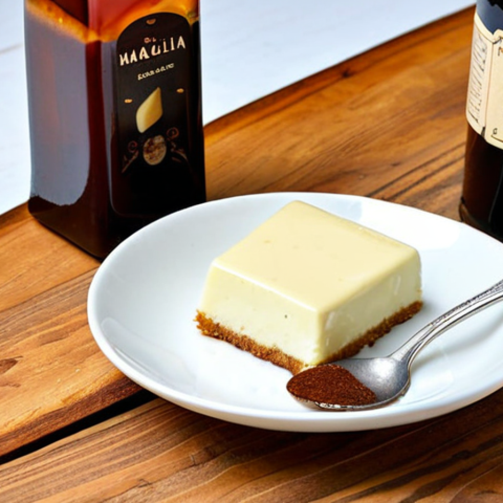 A close-up, high-angle shot of a beautifully baked gourmet vanilla bean cake slice or a serving of rich vanilla panna cotta, showcasing visible vanilla specks. Next to it, a dark amber bottle of "Pure Vanilla Extract" with a clear label, possibly indicating "Madagascar" or "Tahitian" origin. Scattered whole, cured vanilla beans and a small, elegant spoon on a rustic wooden surface. Warm, inviting, natural light, emphasizing depth, texture, and premium quality.