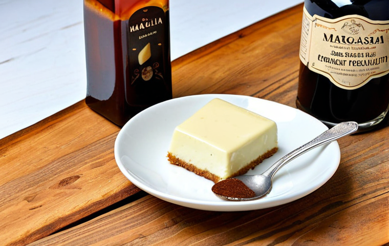 A close-up, high-angle shot of a beautifully baked gourmet vanilla bean cake slice or a serving of rich vanilla panna cotta, showcasing visible vanilla specks. Next to it, a dark amber bottle of "Pure Vanilla Extract" with a clear label, possibly indicating "Madagascar" or "Tahitian" origin. Scattered whole, cured vanilla beans and a small, elegant spoon on a rustic wooden surface. Warm, inviting, natural light, emphasizing depth, texture, and premium quality.