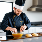 A professional baker, fully clothed in a modest chef's uniform, carefully pouring golden agave syrup from a clear bottle into a mixing bowl filled with healthy baking ingredients. The setting is a pristine, modern kitchen with ample natural light, showcasing sleek stainless steel appliances and clean countertops in the background. The baker exhibits perfect anatomy, correct proportions, and a natural pose, with well-formed hands and proper finger count engaged in the task. This is a professional studio photograph, high quality, safe for work, appropriate content, fully clothed, modest.