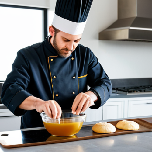 A professional baker, fully clothed in a modest chef's uniform, carefully pouring golden agave syrup from a clear bottle into a mixing bowl filled with healthy baking ingredients. The setting is a pristine, modern kitchen with ample natural light, showcasing sleek stainless steel appliances and clean countertops in the background. The baker exhibits perfect anatomy, correct proportions, and a natural pose, with well-formed hands and proper finger count engaged in the task. This is a professional studio photograph, high quality, safe for work, appropriate content, fully clothed, modest.