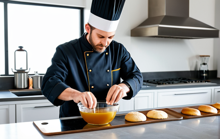 A professional baker, fully clothed in a modest chef's uniform, carefully pouring golden agave syrup from a clear bottle into a mixing bowl filled with healthy baking ingredients. The setting is a pristine, modern kitchen with ample natural light, showcasing sleek stainless steel appliances and clean countertops in the background. The baker exhibits perfect anatomy, correct proportions, and a natural pose, with well-formed hands and proper finger count engaged in the task. This is a professional studio photograph, high quality, safe for work, appropriate content, fully clothed, modest.