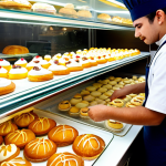 Classic Pastry Shop Scene**

"A bright and inviting pastry shop display case filled with éclairs and profiteroles, each expertly filled with vanilla pastry cream. The pastries are perfectly golden brown, with a dusting of powdered sugar. Background includes a glimpse of a clean, organized kitchen with a pastry chef in a professional uniform. safe for work, appropriate content, fully clothed, professional, perfect anatomy, natural proportions, high quality pastry photography."

**