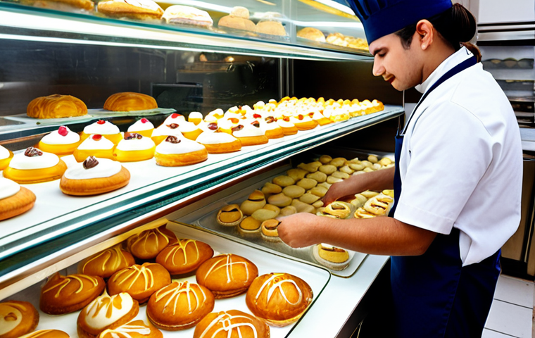 Classic Pastry Shop Scene**

"A bright and inviting pastry shop display case filled with éclairs and profiteroles, each expertly filled with vanilla pastry cream. The pastries are perfectly golden brown, with a dusting of powdered sugar. Background includes a glimpse of a clean, organized kitchen with a pastry chef in a professional uniform. safe for work, appropriate content, fully clothed, professional, perfect anatomy, natural proportions, high quality pastry photography."

**