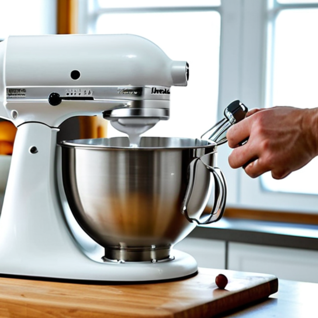 Professional Baker with KitchenAid Mixer**

A professional baker in a clean, modern kitchen, fully clothed in a chef's uniform, using a KitchenAid hand mixer to prepare batter in a stainless steel bowl. The scene is bright and inviting, with natural light streaming in. Focus on perfect anatomy, correct proportions, and well-formed hands. Safe for work, appropriate content, professional photography, high quality, modest attire.

**