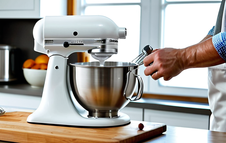 Professional Baker with KitchenAid Mixer**

A professional baker in a clean, modern kitchen, fully clothed in a chef's uniform, using a KitchenAid hand mixer to prepare batter in a stainless steel bowl. The scene is bright and inviting, with natural light streaming in. Focus on perfect anatomy, correct proportions, and well-formed hands. Safe for work, appropriate content, professional photography, high quality, modest attire.

**