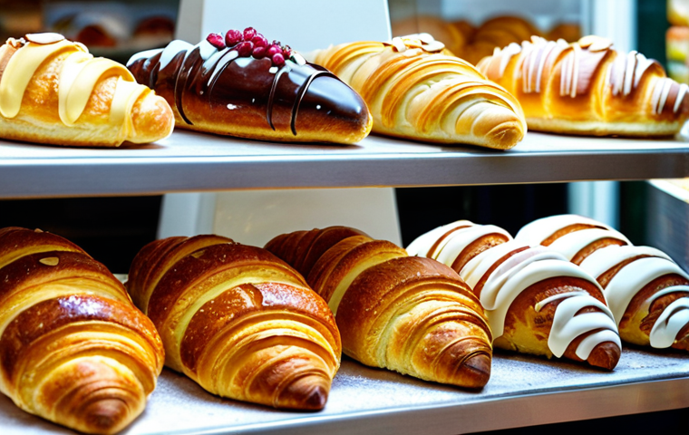 디저트 제조사별 시장 점유율 - **Image Prompt:** A vibrant display inside a "pastelería artesanal" in Madrid. Focus on a close-up o...