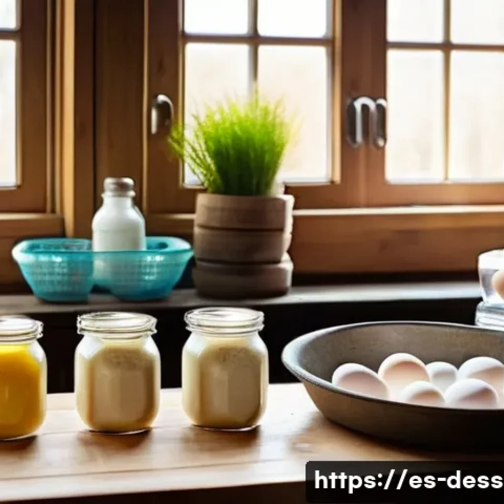 홈베이킹 팁 - A cozy home kitchen scene focused on a baker carefully selecting high-quality ingredients on a rusti...