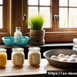 홈베이킹 팁 - A cozy home kitchen scene focused on a baker carefully selecting high-quality ingredients on a rusti...