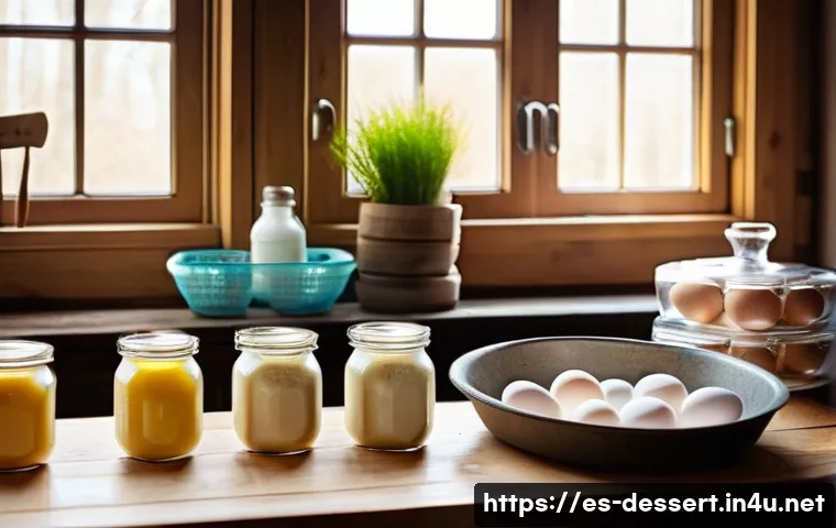 홈베이킹 팁 - A cozy home kitchen scene focused on a baker carefully selecting high-quality ingredients on a rusti...