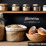 유기농 제빵 재료 - A rustic bakery scene featuring a variety of organic whole grain flours displayed in natural burlap ...
