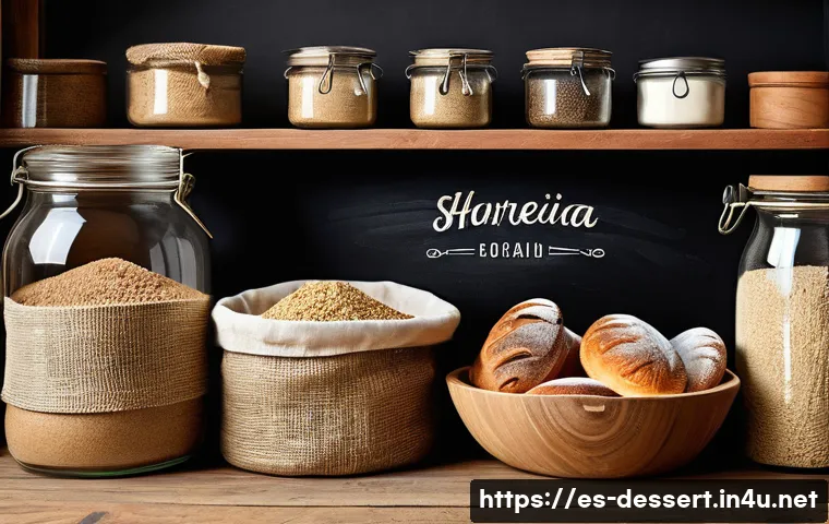 유기농 제빵 재료 - A rustic bakery scene featuring a variety of organic whole grain flours displayed in natural burlap ...