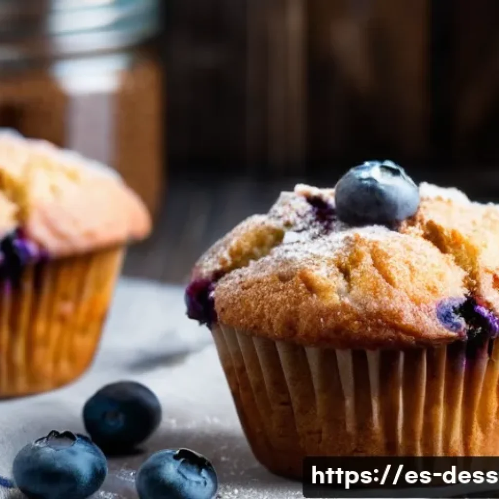 블루베리 머핀 레시피 - A close-up view of freshly baked blueberry muffins arranged on a rustic wooden table, with visible j...