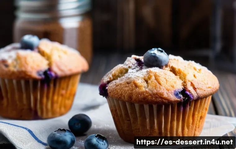 블루베리 머핀 레시피 - A close-up view of freshly baked blueberry muffins arranged on a rustic wooden table, with visible j...