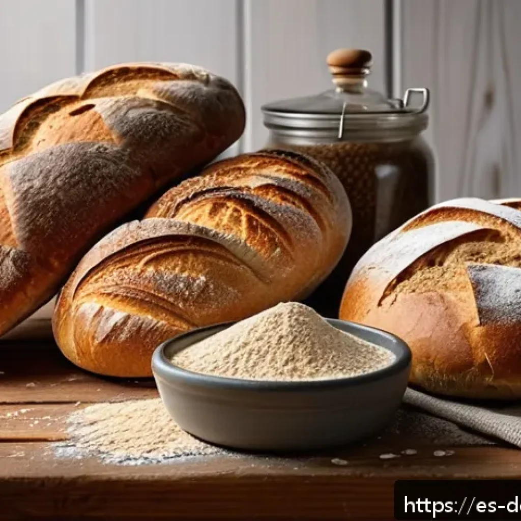 구매할 때 고려할 제빵 재료 - A rustic home bakery scene showcasing various types of bread made from different flours: a crusty so...