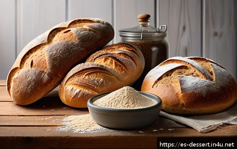 구매할 때 고려할 제빵 재료 - A rustic home bakery scene showcasing various types of bread made from different flours: a crusty so...