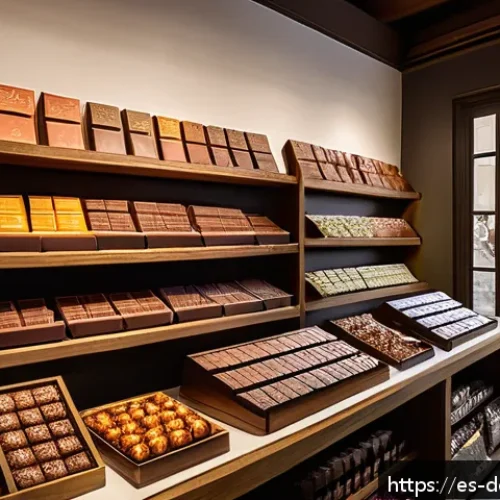 Home 33 초콜릿 가격 비교 - A vibrant Spanish artisanal chocolate shop interior, showcasing a variety of premium dark and milk c...