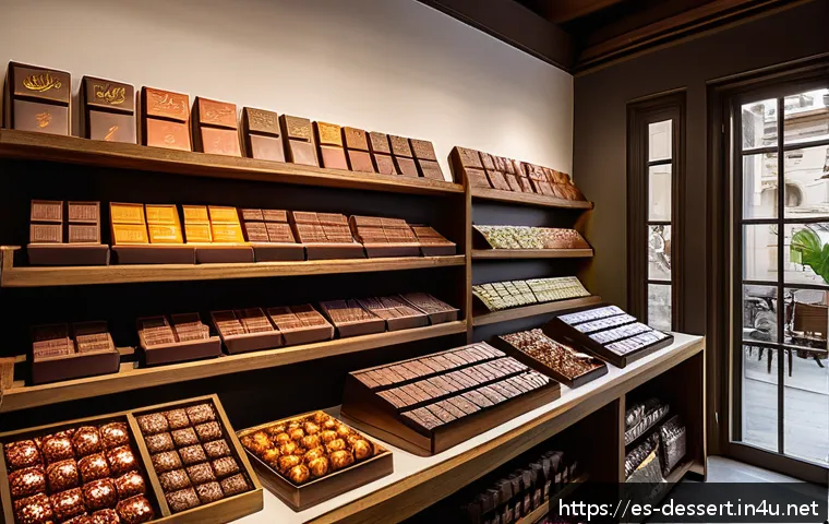 초콜릿 가격 비교 - A vibrant Spanish artisanal chocolate shop interior, showcasing a variety of premium dark and milk c...