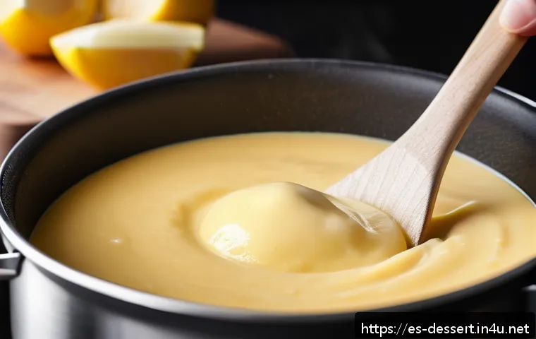 슈크림 만들기 - A close-up, high-resolution image of a smooth, creamy custard being gently stirred in a heavy-bottom...