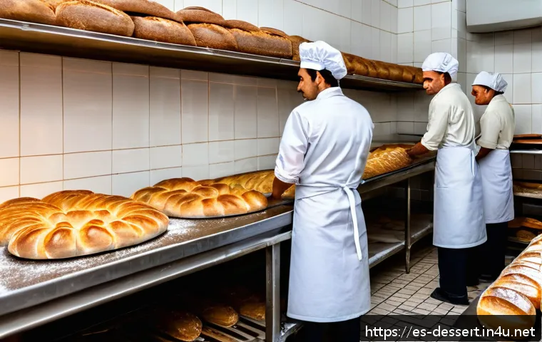 일반 제빵 재료 가격 - A detailed scene of a traditional Spanish bakery interior during morning hours, showcasing bakers we...