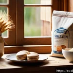 Home 18 홈베이킹 재료 쇼핑 - A warm, inviting kitchen scene featuring a variety of baking flours displayed on a rustic wooden tab...