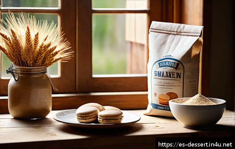 홈베이킹 재료 쇼핑 - A warm, inviting kitchen scene featuring a variety of baking flours displayed on a rustic wooden tab...