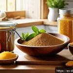 Home 23 무설탕 디저트 - A vibrant kitchen scene featuring a diverse selection of natural sweeteners: fresh stevia leaves in ...