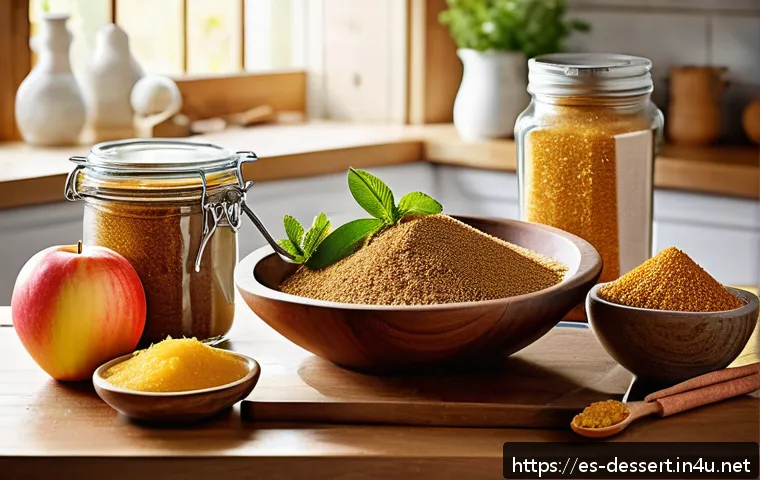 무설탕 디저트 - A vibrant kitchen scene featuring a diverse selection of natural sweeteners: fresh stevia leaves in ...