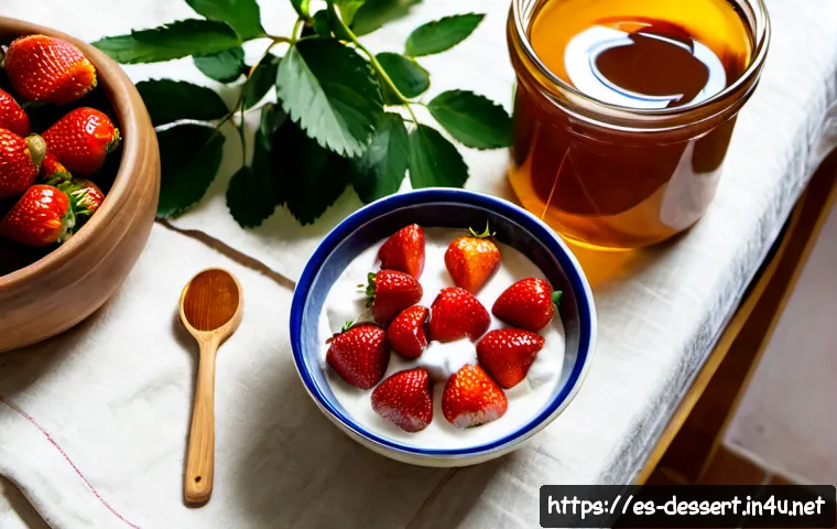Home 14 설탕 대체재 사용법 - Photorealistic overhead kitchen scene in a sunlit Spanish home, a ceramic bowl of fresh strawberries...
