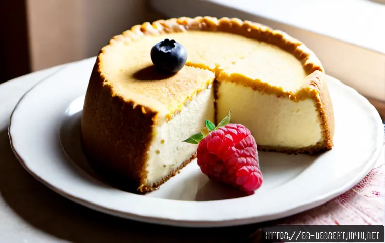 Home 15 크림치즈 케이크 - Photorealistic classic baked cream cheese cake on a white ceramic plate, one clean slice removed to ...