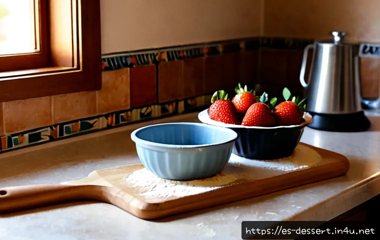 Home 29 디저트 베이킹 세트 - Photorealistic dessert baking set arranged neatly on a sunlit Spanish home kitchen counter, ceramic ...