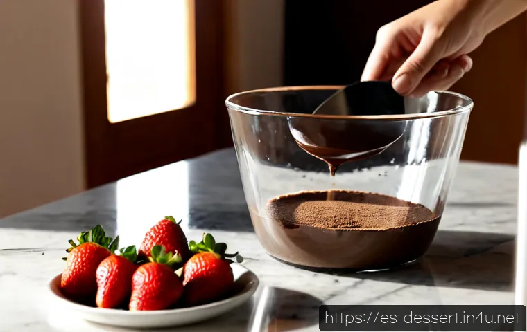 Home 16 다크 초콜릿 사용법 - Photorealistic close-up of a home baker in a bright Spanish-style kitchen melting dark chocolate in ...