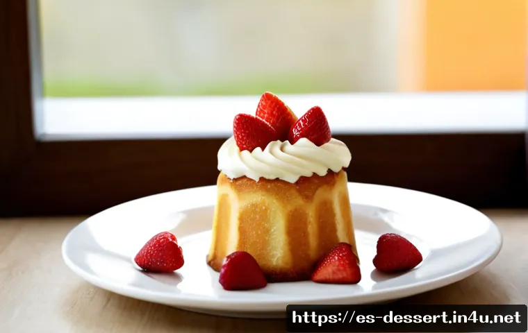미니 케이크 레시피 - Photorealistic close-up of a freshly baked individual mini vanilla cake on a simple white ceramic pl...