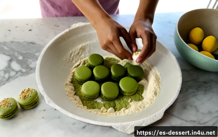 홈메이드 마카롱 만들기 - Photorealistic overhead view of homemade macarons being prepared on a clean marble kitchen counter, ...
