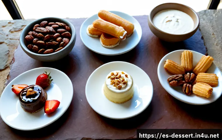 디저트 영양소 분석 - Photorealistic overhead still life of assorted Spanish-style desserts arranged in clear portions on ...